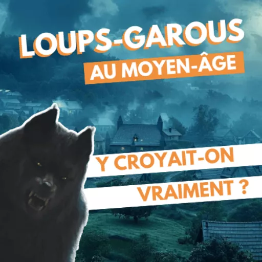 Village dans l'obscurité au fond avec loup-garou au premier plan et texte :