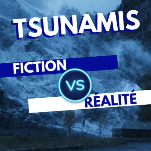 Image de tsunami qui arrive de par la montagne sur une maison. Texte indique le titre